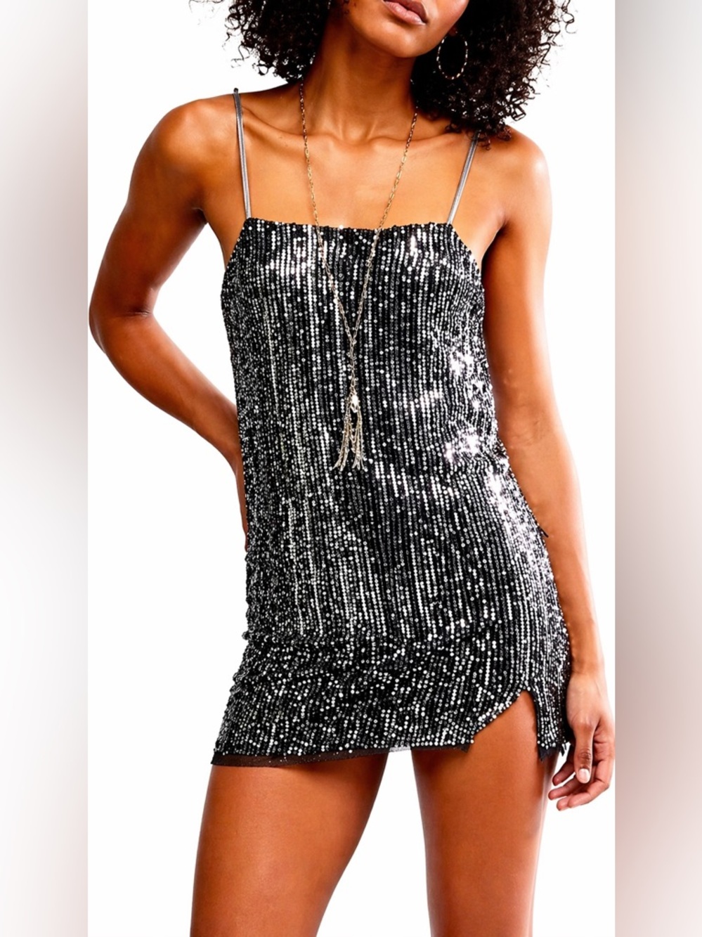 Free People Sequin Mini Slip Dress Charcoal Midnight Kiss Intimately L NWT
